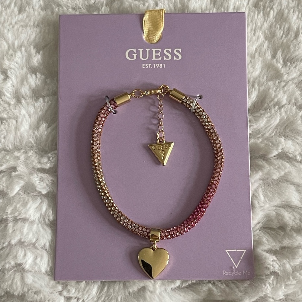 Guess Pink Ombre Crystal Heart Charm Flex Bracelet Gold Tone NWT